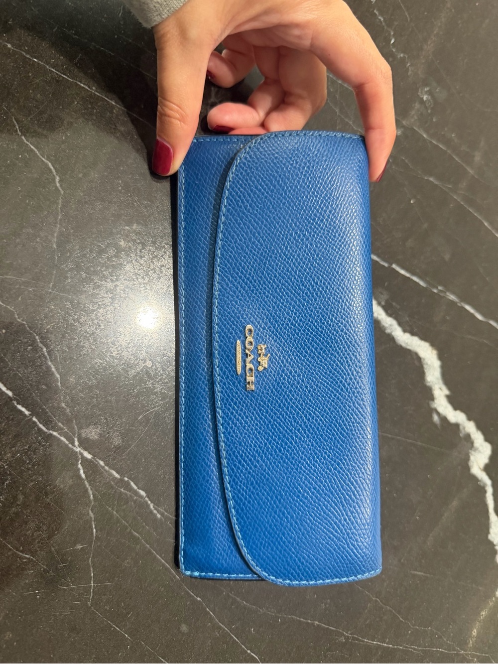 Coach Cobalt Blue Pebbled Leather Continental Wallet with Gold Hardware